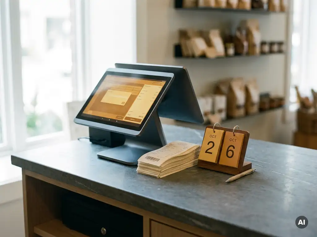 Modernes POS-Terminal auf Ladentheke neben gestapelten Kassenbelegen, Tischkalender und Stift im warmen Seitenlicht.