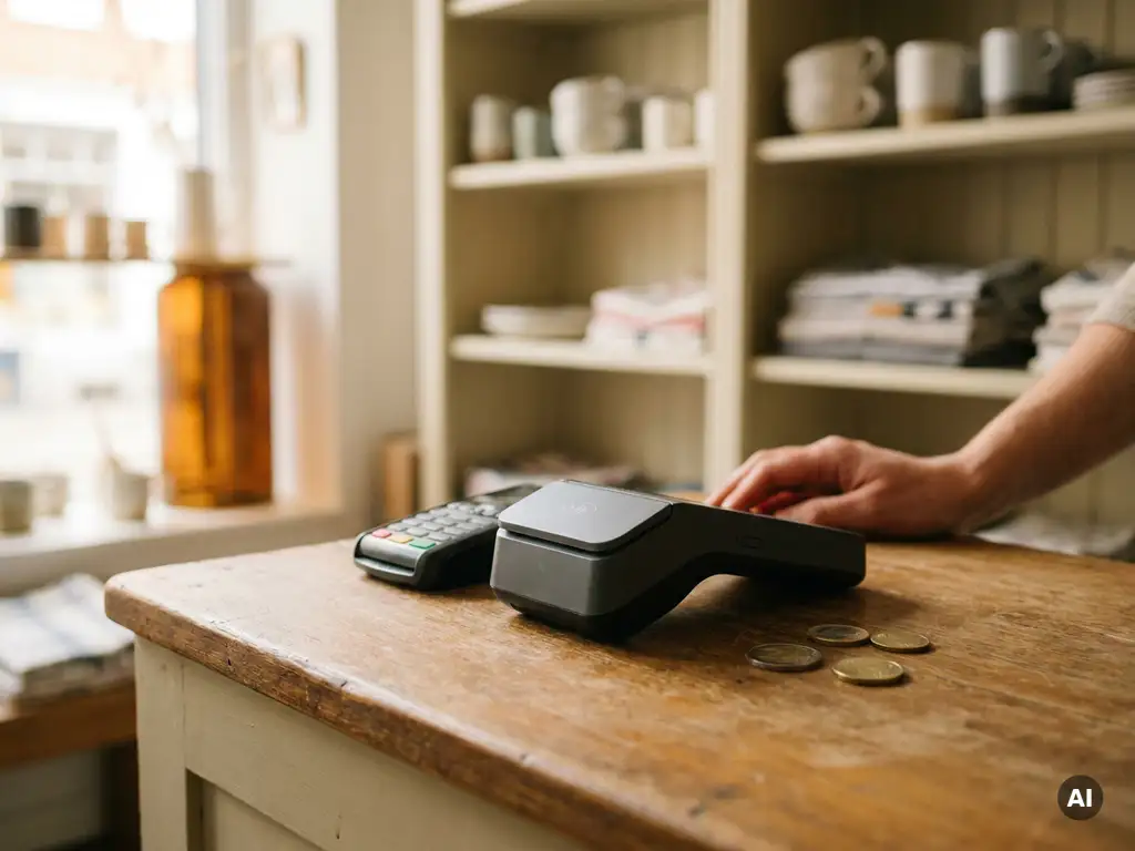 Modernes POS-Terminal auf Holztresen eines kleinen Ladens neben Kartenlesegerät und Euro-Münzen, natürliches Licht.