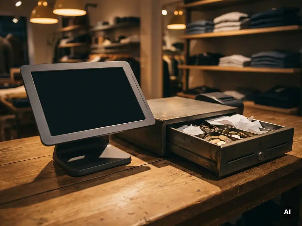 Modernes POS-Terminal neben einer überfüllten Kassenlade mit Münzen und Belegen auf Holztresen in warmem Ambiente.