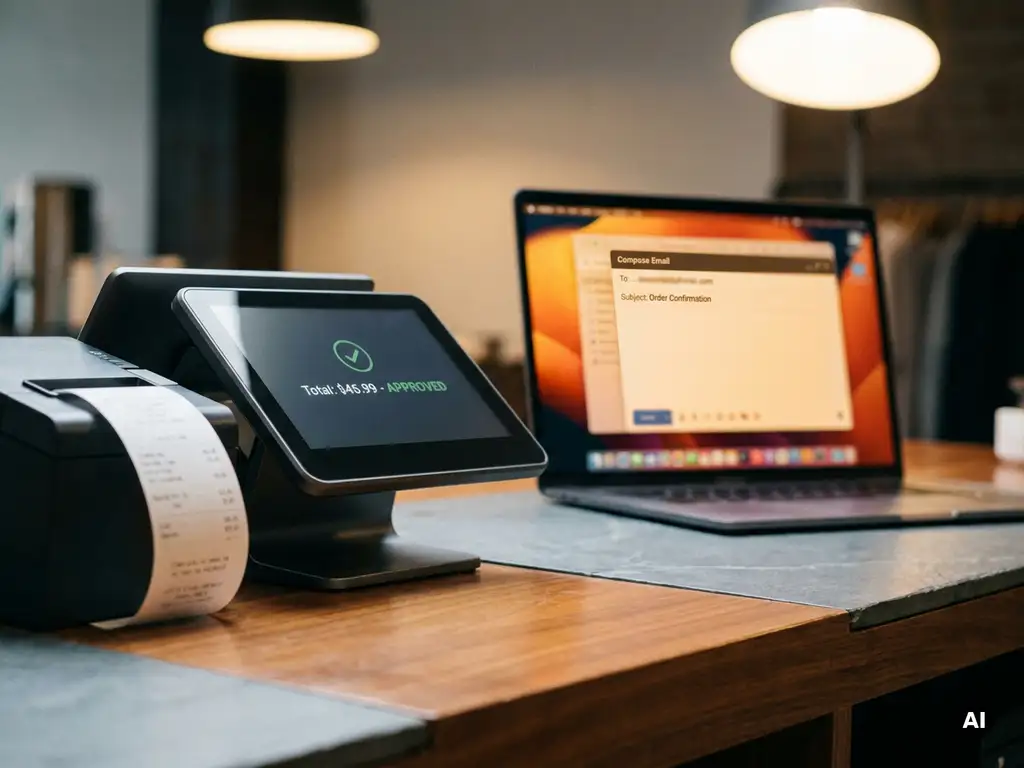 POS-Terminal auf Ladentheke mit abgeschlossenem Kassenvorgang, gerolltem Thermobon und Laptop mit geöffnetem E-Mail-Fenster im Hintergrund.