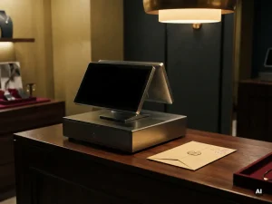 Moderne Registrierkasse auf Ladentheke neben einem amtlichen Umschlag, warmes Schaufensterlicht, gedämpfte Gold- und Anthrazittöne.