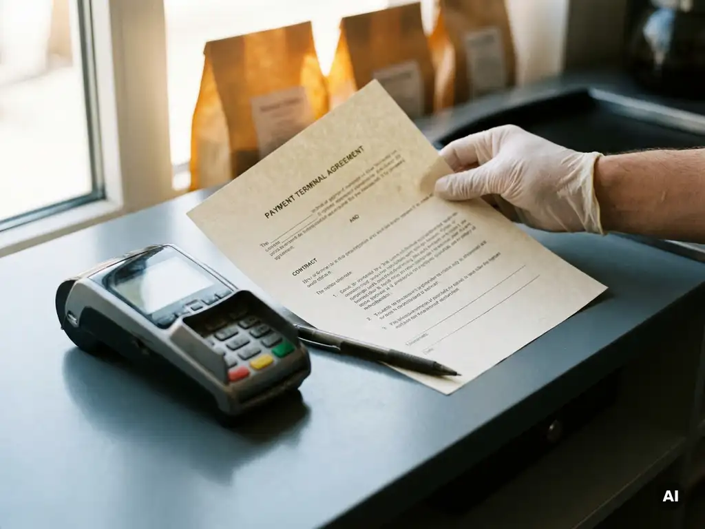 Hand hält einen Kartenterminal-Vertrag über einem POS-Tresen, daneben ein EC-Kartenlesegerät und ein Stift auf dem Dokument.