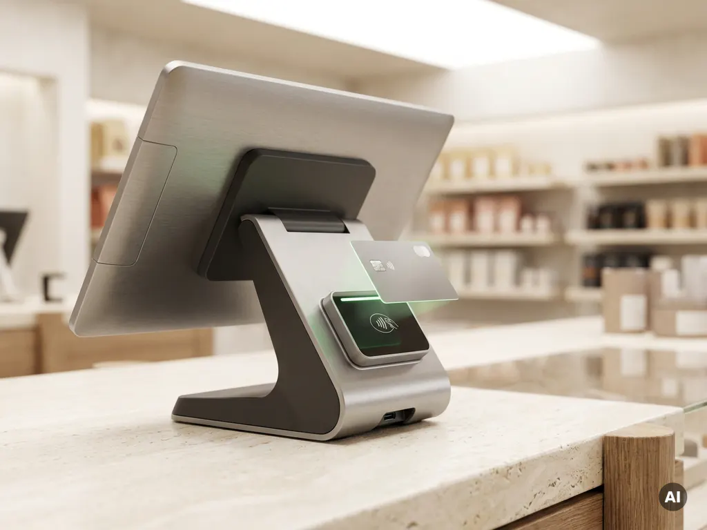 Kontaktlose EC-Karte wird an modernem POS-Terminal auf Einzelhandelstheke getappt, unscharfe Regale im Hintergrund.