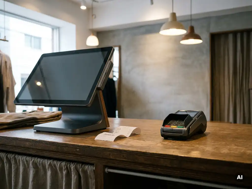 Modernes POS-Kassensystem und separates EC-Kartenlesegerät auf Ladentheke mit zerknülltem Kassenbon zwischen den getrennten Geräten.