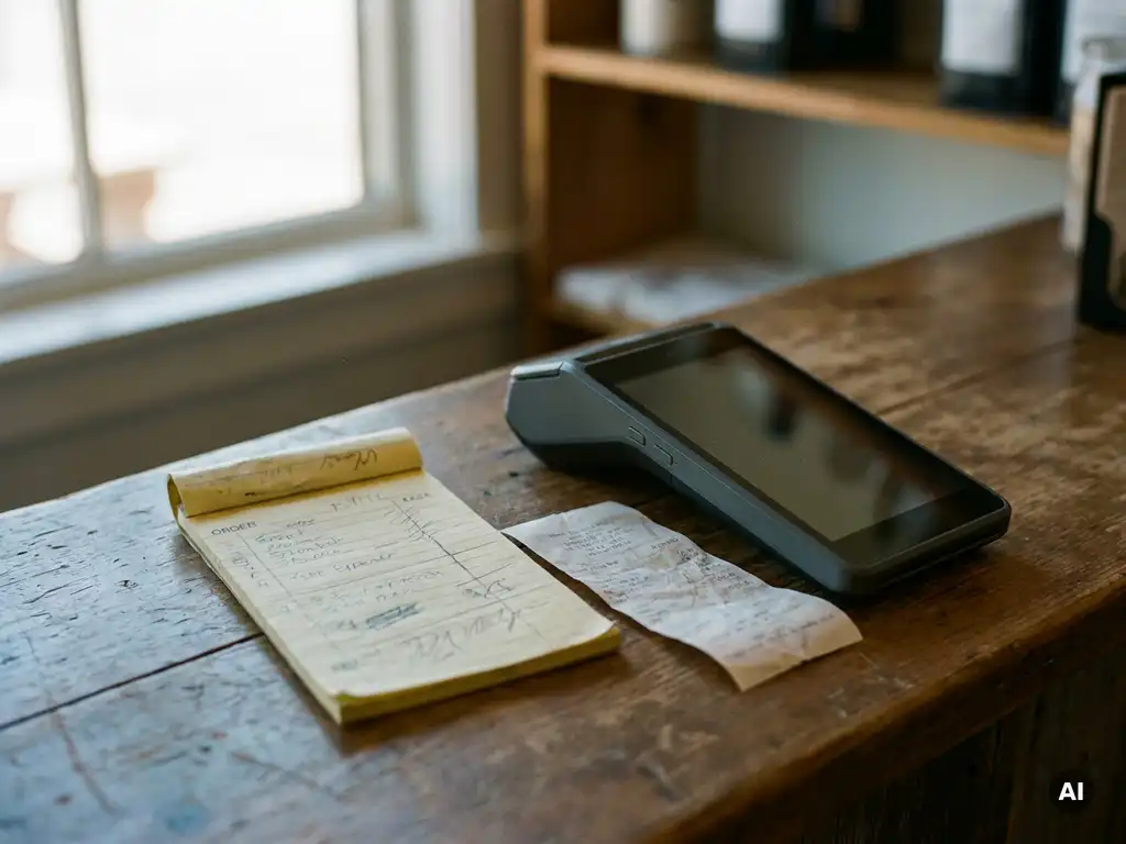 Vergilbtes Bestellnotizbuch und zerknitterter Kassenbon neben modernem POS-Terminal auf Holztresen im warmen Naturlicht.