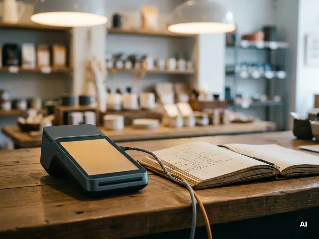 POS-Terminal und aufgeschlagenes Kassenbuch auf einem Ladentresen, verbunden durch ein Kabel als Symbol für nahtlose Datensynchronisation.