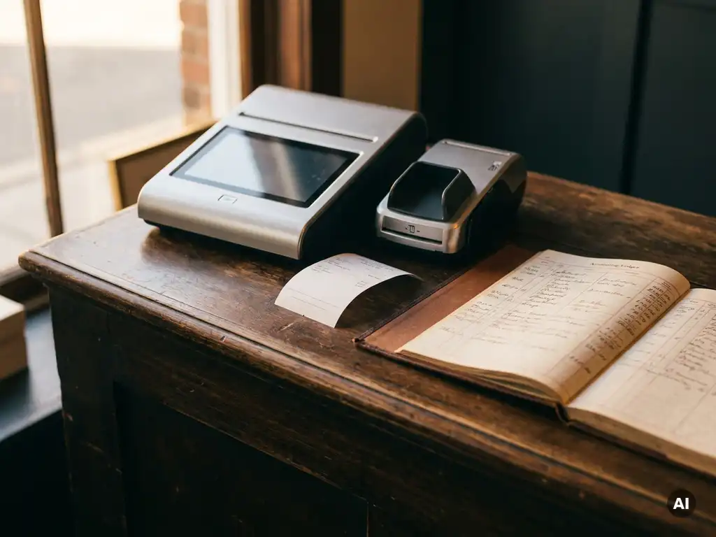 POS-Terminal und Kartenlesegerät neben einem aufgeschlagenen Kassenbuch auf einem Holztresen mit ausgedrucktem Kassenbon.