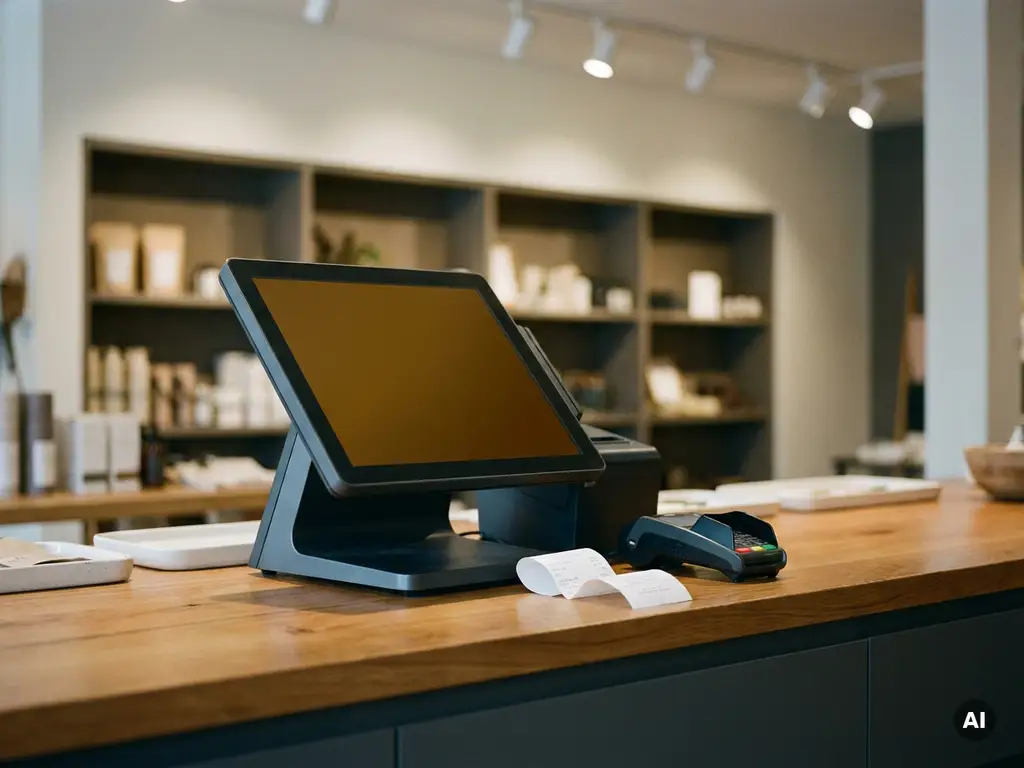 Modernes POS-Kassensystem und Kartenterminal auf Ladentheke mit gedrucktem Kassenbon, warme Beleuchtung.