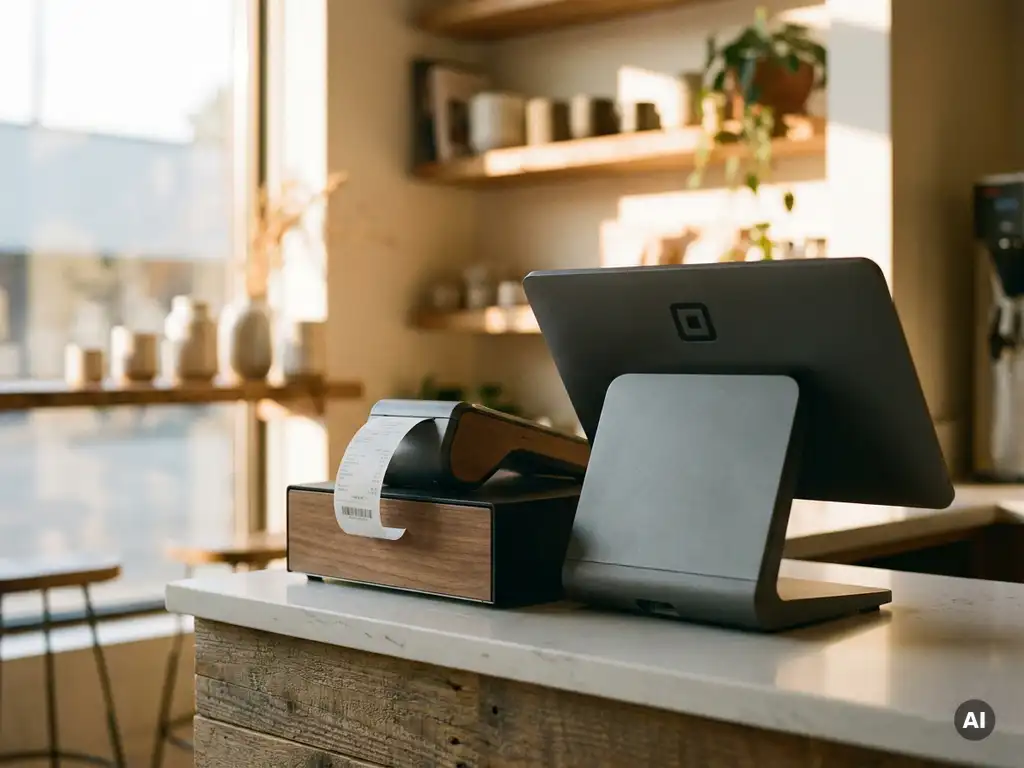 POS-Terminal und Kassenlade nebeneinander auf einem Einzelhandelstresen mit ausgedrucktem Kassenbon im warmen Licht.
