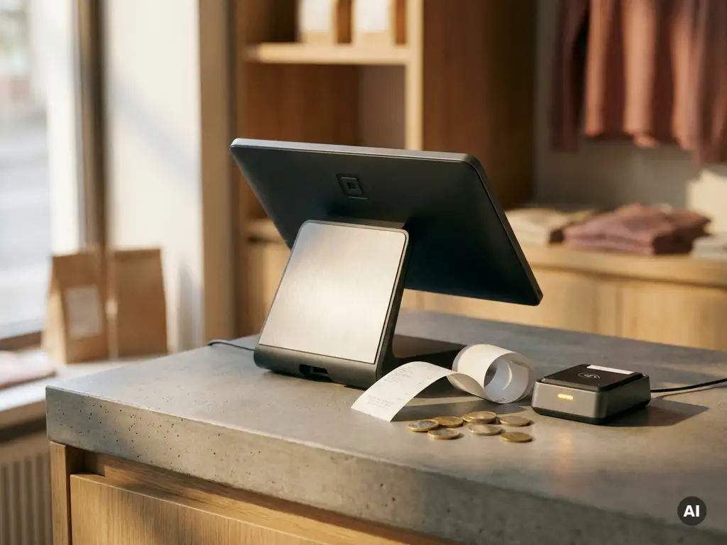 Modernes POS-Terminal auf Ladentheke mit Kassenbon, Euromünzen und Kartenlesegerät im warmen Umgebungslicht.