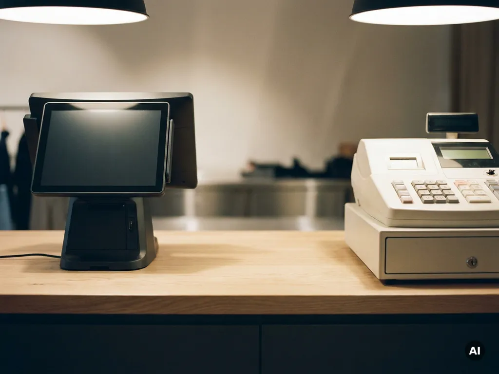 Modernes POS-Terminal neben einer kompakten Registrierkasse auf einem Ladentresen, beide Geräte im Vergleich gegenübergestellt.