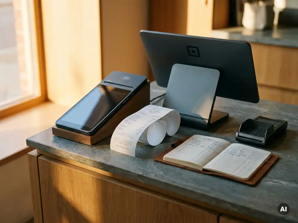 Modernes POS-Terminal auf Ladentheke mit gedrucktem Kassenbon, Notizbuch und Kartenzahlgerät im warmen Gegenlicht.