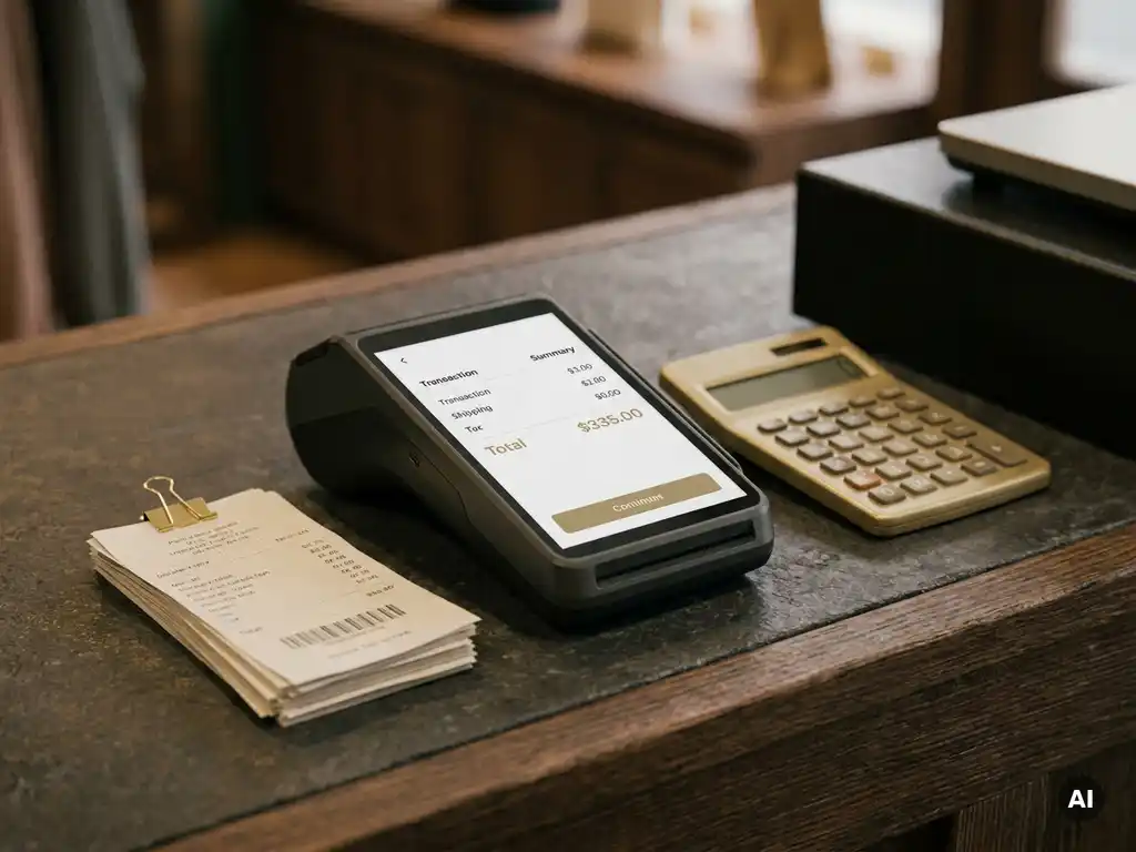 Modernes POS-Terminal mit Transaktionsübersicht auf Ladentheke, daneben gestapelte Belege und Taschenrechner in warmem Licht.