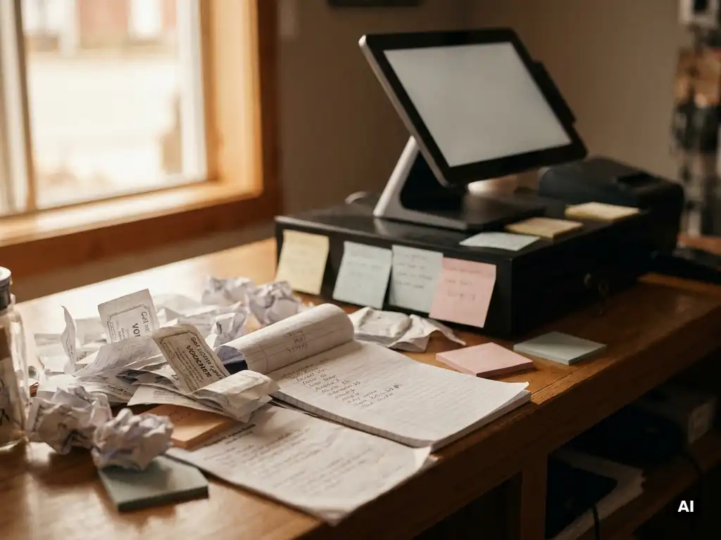 Unordentlicher Ladentresen mit verstreuten Papiergutscheinen und handgeschriebenen Listen, ungenutztes Kassensystem im Hintergrund.