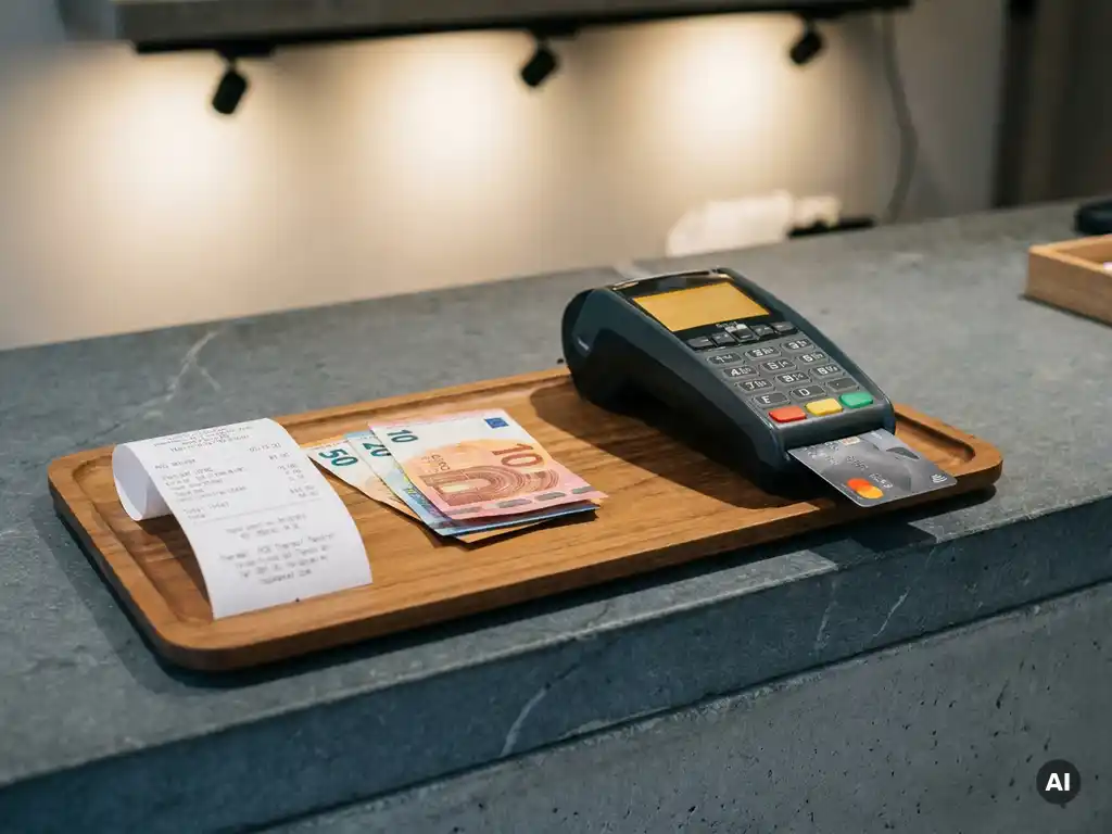 POS-Terminal mit eingelegter Chipkarte neben einem Stapel Euro-Banknoten auf einem Einzelhandels-Tresen.