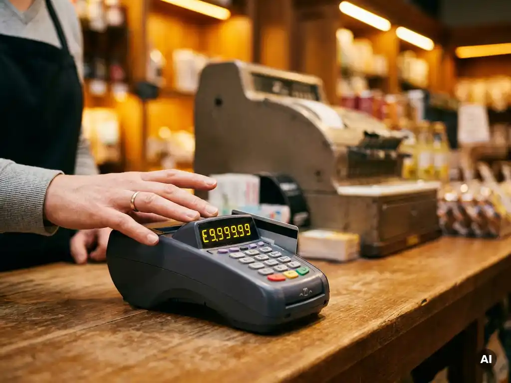 Kassiererhand über EC-Zahlungsterminal mit falschem Betrag, unscharfe Ladenkasse im Hintergrund.