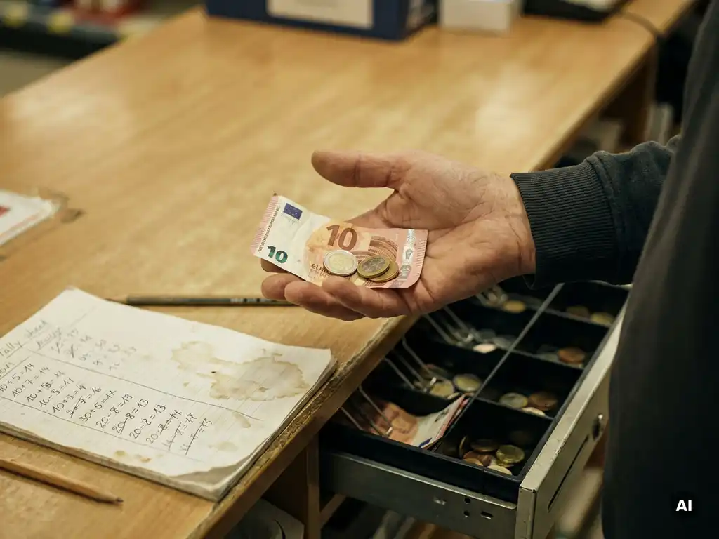 Kassiererhand zählt Euromünzen und Geldscheine neben offener Kassenlade mit handgeschriebenem Abrechnungszettel.