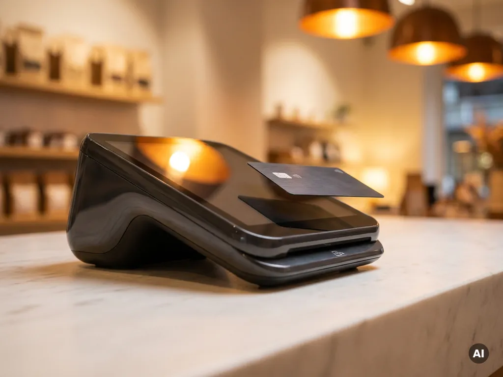 Kontaktlose Kartenzahlung an einem modernen All-in-One-POS-Terminal auf einem Einzelhandels-Tresen.