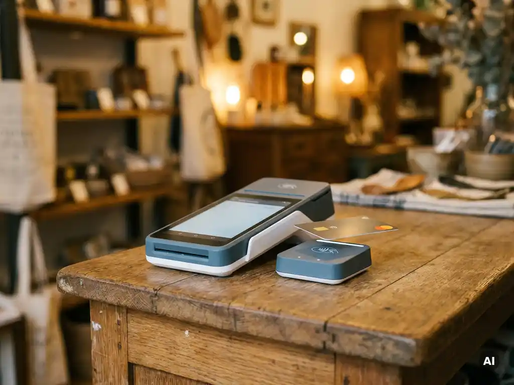 Kontaktlose Kreditkarte wird an ein POS-Terminal auf einem Holztresen getippt, warmes Ambiente im Hintergrund.