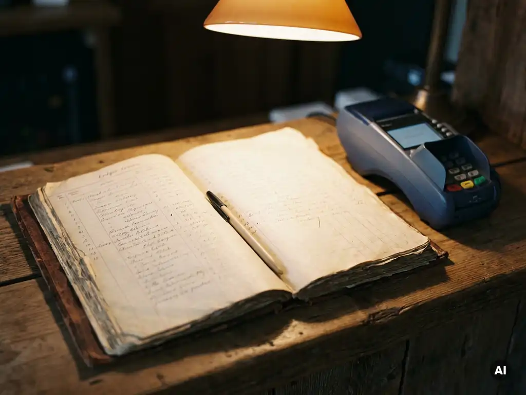 Aufgeschlagenes Leder-Kassenbuch mit handschriftlichen Spalten neben modernem POS-Terminal auf Holztheke, warmes Bernsteinlicht.