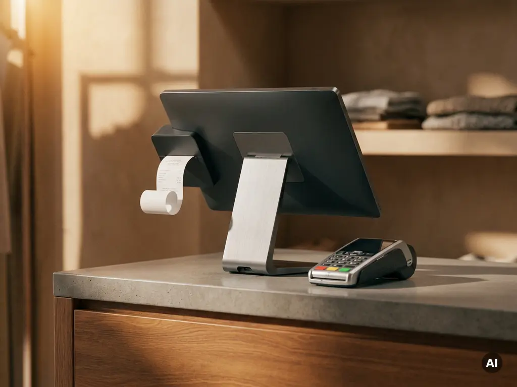 Modernes POS-Kassensystem mit Kartenterminal auf einem Ladentresen, kleiner Kassenbon läuft aus dem Drucker.