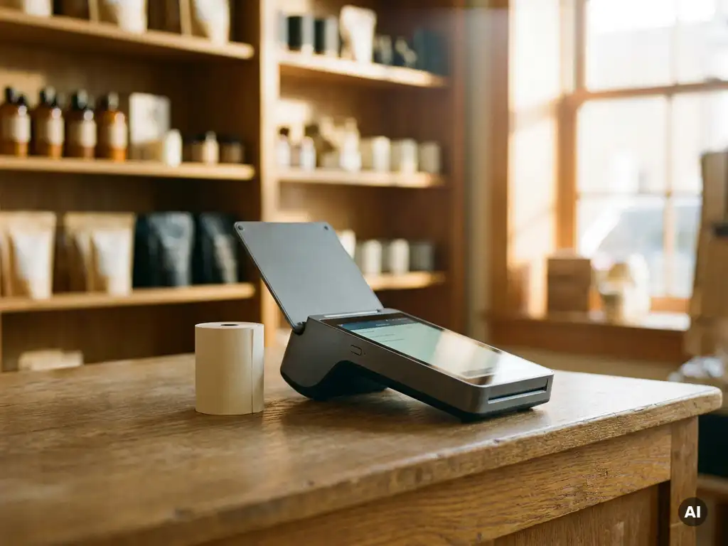 Modernes POS-Terminal auf Holztresen mit Kassenrollenrolle, warmes Ladenambiente mit Regalen im Hintergrund.