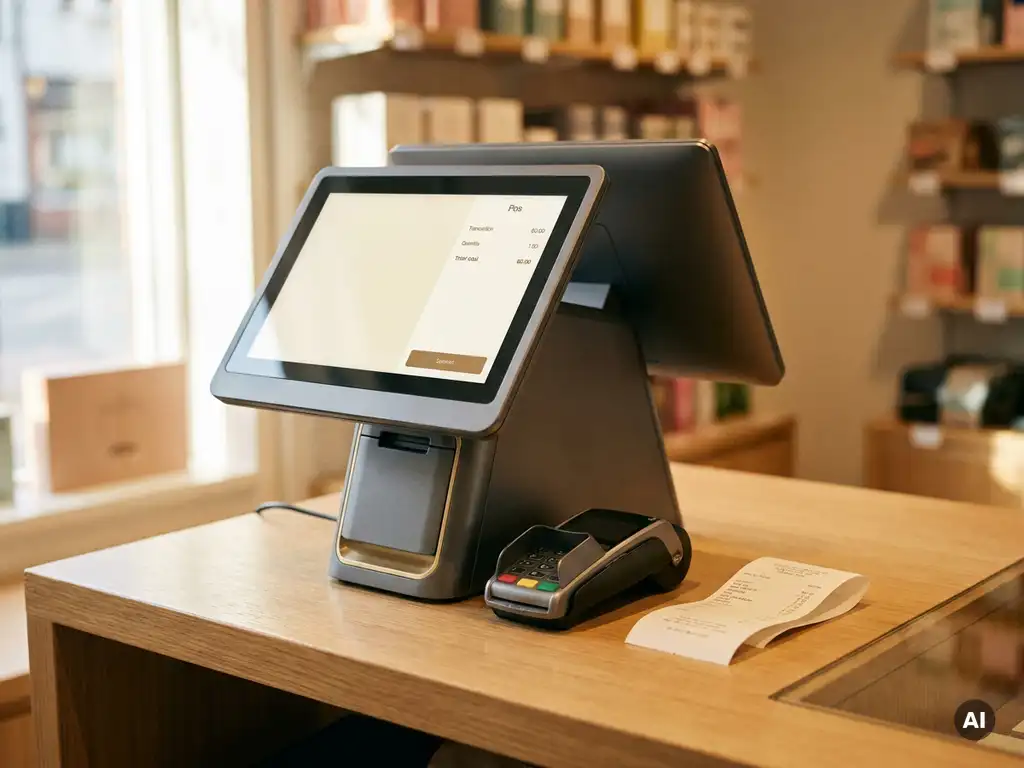 Modernes POS-Terminal und Kartenlesegerät auf einem Einzelhandels-Tresen mit gefaltetem Kassenbon im warmen Umgebungslicht.