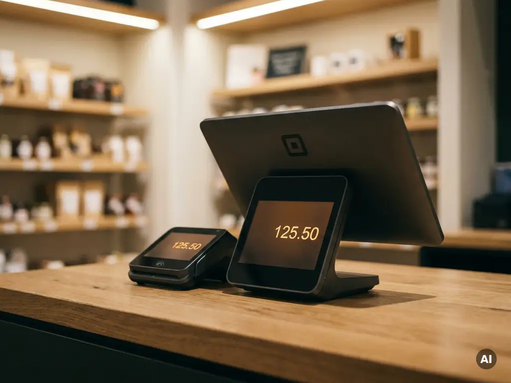 Modernes POS-Terminal und Kartenlesegerät auf Ladentheke mit übereinstimmenden Transaktionsbeträgen auf beiden Bildschirmen.