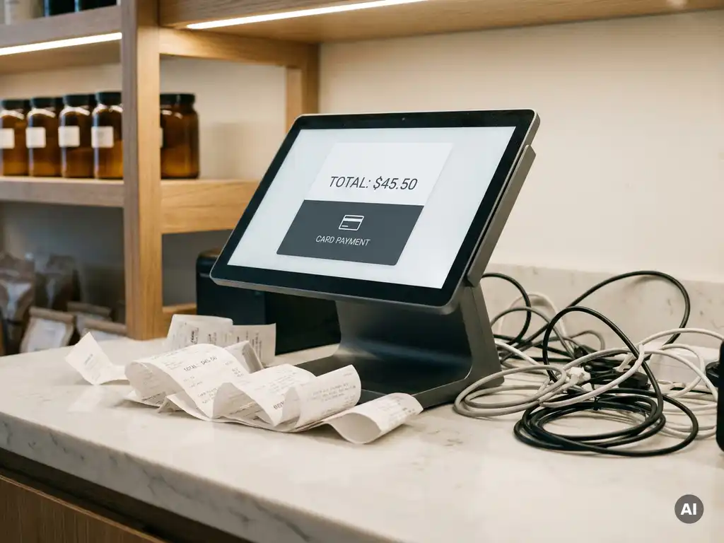 Modernes POS-Terminal auf weißem Ladentisch mit verstreuten Kassenbelegen und unordentlichen Kabeln im Hintergrund.